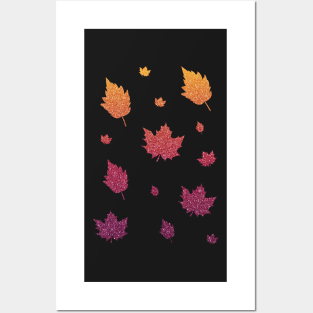 Purple Red Orange Ombre Faux Glitter Autumn Fall Leaves Posters and Art